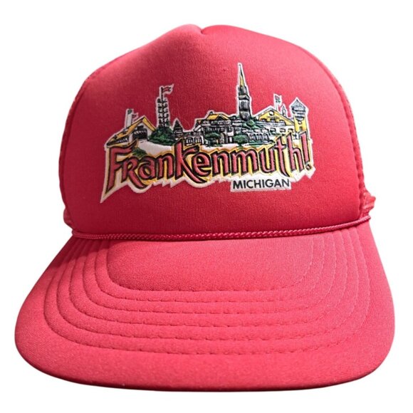 Vintage Frankenmuth Michigan Red Snapback Trucker Hat With Cityscape Design - Picture 1 of 3